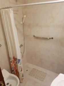 a bathroom with a shower and a toilet and a sink at Suipacha Obelisco Departamento Familiar in Buenos Aires