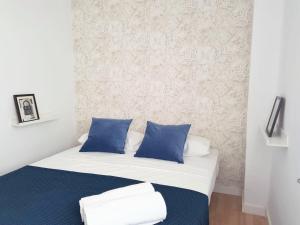 バレンシアにあるFLORIT FLATS - The Jardines del Turia Apartmentのベッドルーム1室(青と白の枕が備わるベッド1台付)