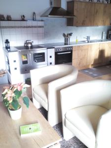グルントルゼーにあるHaus Brandstaetterのキッチン(白い椅子2脚、木製テーブル付)