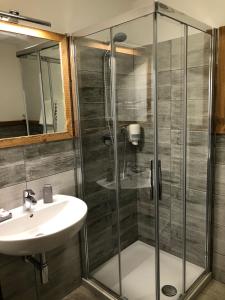 a bathroom with a glass shower and a sink at Hotel Edelweiss in Pré-Saint-Didier