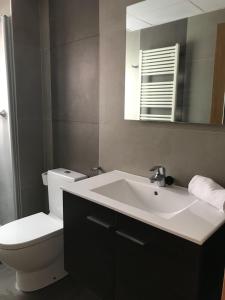 bagno con lavandino, servizi igienici e specchio di AZ El Balcón del Coso II a Saragozza