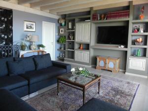 sala de estar con sofá azul y TV en Villa Diamante, en Meina