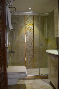a bathroom with a shower and a toilet and a sink at Grand Fatih Hotel in Istanbul