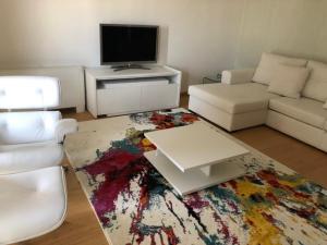 a living room with a couch and a tv at Panoramic Dreams in Lisbon