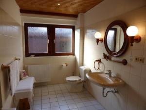 a bathroom with a sink and a toilet and a mirror at Ferienhaus Torsholt in Westerstede +27 photos