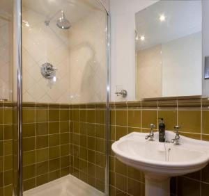 een badkamer met een wastafel en een douche bij Tregondale Manor Farm in Liskeard