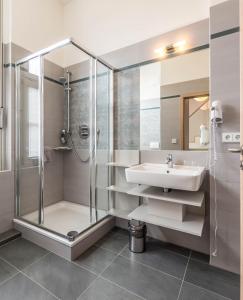 a bathroom with a shower and a sink at Schumanns Garten in Weißenfels