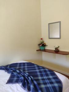 1 dormitorio con una manta de cuadros azul en Santa Barbara Apartment, en Lisboa