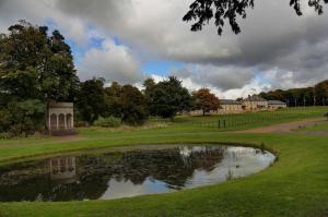 a pond in the middle of a golf course at Hardwick Hall Hotel in Sedgefield