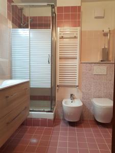 ein Bad mit einem Waschbecken, einem WC und einer Dusche in der Unterkunft Villaggio Fiorito Casale in Pignone