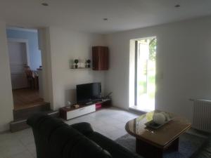 a living room with a couch and a tv at Ferienwohnung Sorgatz in Königstein an der Elbe