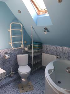 a bathroom with a toilet and a sink and a bath tub at Butukai in Palanga