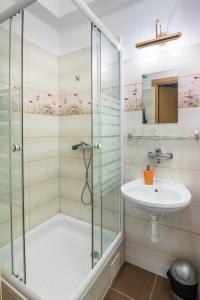 a bathroom with a shower and a sink at Pokoje Gościnne Unikat - Self check in in Kraków