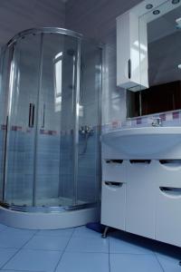 ウラジカフカスにあるGuesthouse U Dorogiの白いバスルーム(シャワー、シンク付)