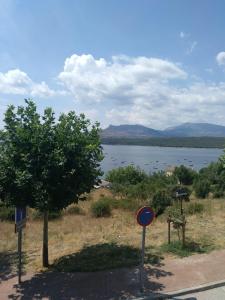 a view of a lake with a tree and a sign at El Egio in Cervera de Buitrago