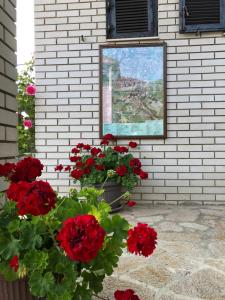 un edificio con fiori rossi e un'immagine sul muro di Apartmani Berghaus a Zlatibor