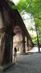 京都市にある金閣の石橋の下を歩く少女
