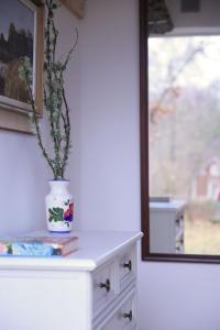 a vase with a plant in it on a dresser with a window at Mormors Bakeri – B&B in Asarum