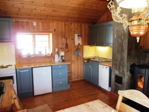 a kitchen with blue cabinets and a stove at Hogstul Hytter - Skojestua - 2 Bedroom Cottage in Tuddal