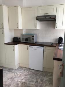 a kitchen with a white refrigerator and a microwave at The Flat Frank Lewis House in Hay-on-Wye