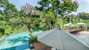 an umbrella sitting on a deck next to a swimming pool at Natura Villa Ubud Bali in Ubud +24 photos