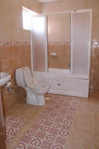 a bathroom with a toilet and a shower and a sink at Hotel Baykal in Bogazkale