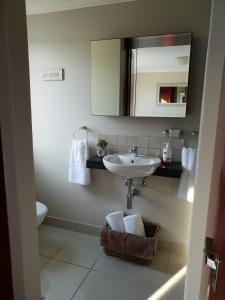W łazience znajduje się umywalka, lustro i toaleta. w obiekcie Waterfront - Lagoon Terrace Nr.17 w mieście Knysna