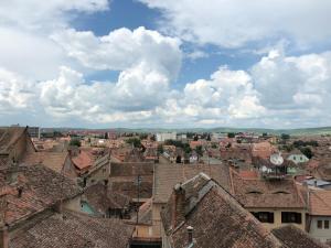 uitzicht op een stad met daken van gebouwen bij Traditional Romanian Panoramic in Sibiu
