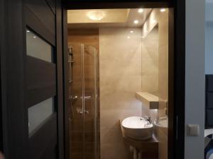 uma casa de banho com um chuveiro e um lavatório. em Apartamenty Pod Skrzycznem em Szczyrk