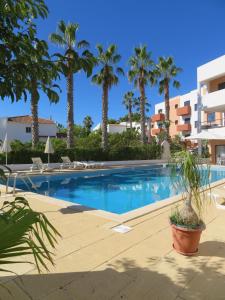 a swimming pool with palm trees and a building at Hotel Alcaide in Portimão