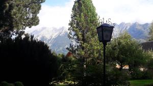 a lamp post in a garden with mountains in the background at Hotel Aquamarin in Bad Mitterndorf