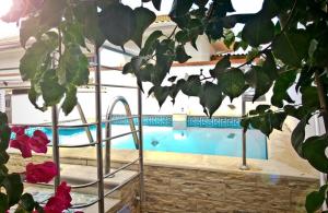 a swimming pool with red flowers in front of it at Casa Buganvilla in Los Realejos