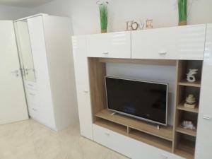 a living room with a tv and white cabinets at 1 Zi. Apartment Nähe Flughafen/Messe Stuttgart 24h in Waldenbuch