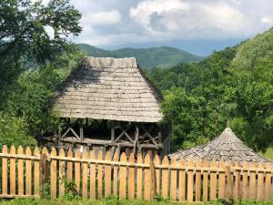 a fence and a wooden building with a roof at Casa Albastră in Băile Olăneşti