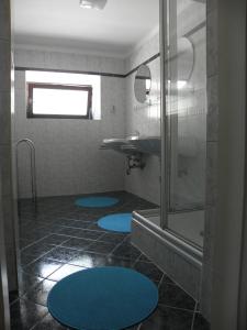 baño con alfombras azules en el suelo y ducha en Ferienhaus-Loidl, en Bad Ischl