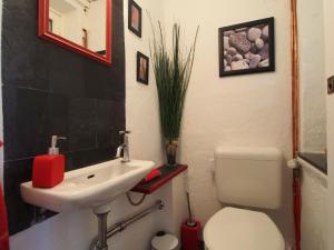 a bathroom with a white toilet and a sink at Haus am Deich in Kollmar