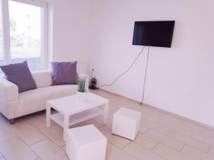 a living room with a couch and a tv at Apartman La Martina in Vráble