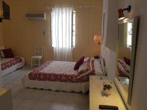 a bedroom with a bed and a mirror and a window at Ippokampos in Hydra