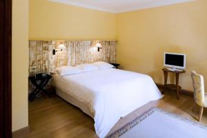 a bedroom with a large white bed and a television at Le Grand Hôtel in Molitg les Bains