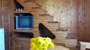 a room with a wooden wall with a tv and flowers at Apartmani Ćetković in Žabljak