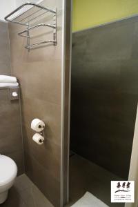 
a bathroom with a toilet and a shower stall at Logis Hôtel Orion in Amnéville
