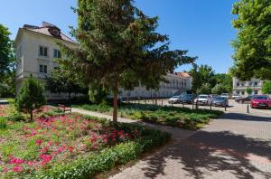 a park with flowers and a tree and a building at Old Town Heart V - Mariensztat in Warsaw