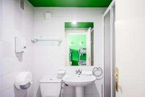 马德里Motion Chueca Hostel的带水槽、马桶和镜子的浴室