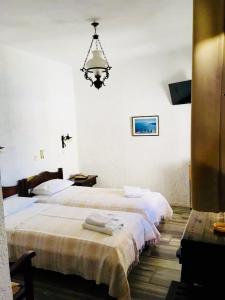 1 dormitorio con 2 camas y lámpara de araña en Alexandros Hotel en Grikos