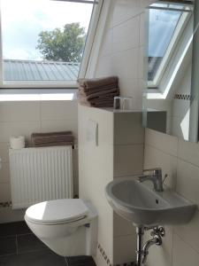 a bathroom with a toilet and a sink and a window at Lindenhof in Grömitz