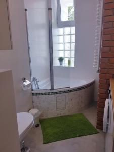 チェンストホヴァにあるPod Jasną Górą Apartament 23のバスルーム(シャワー、トイレ付)、緑のラグ