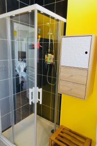 a shower with a glass door in a bathroom at Duplex Hermine Cosy, jardin sud & parking in Saint Malo +10 photos
