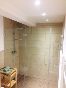 prysznic ze szklanymi drzwiami w łazience w obiekcie Heimathafen Prora, 3.OG mit Meerblick w mieście Binz