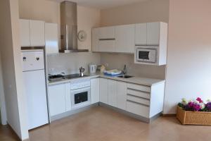 a small kitchen with white cabinets and appliances at Ático San Miguel in Gáldar