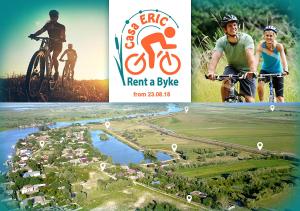 dos fotos de personas montando bicicletas y un cartel para alquilar una bicicleta en Casa ERIC, en Mila Douăzeci şi Trei